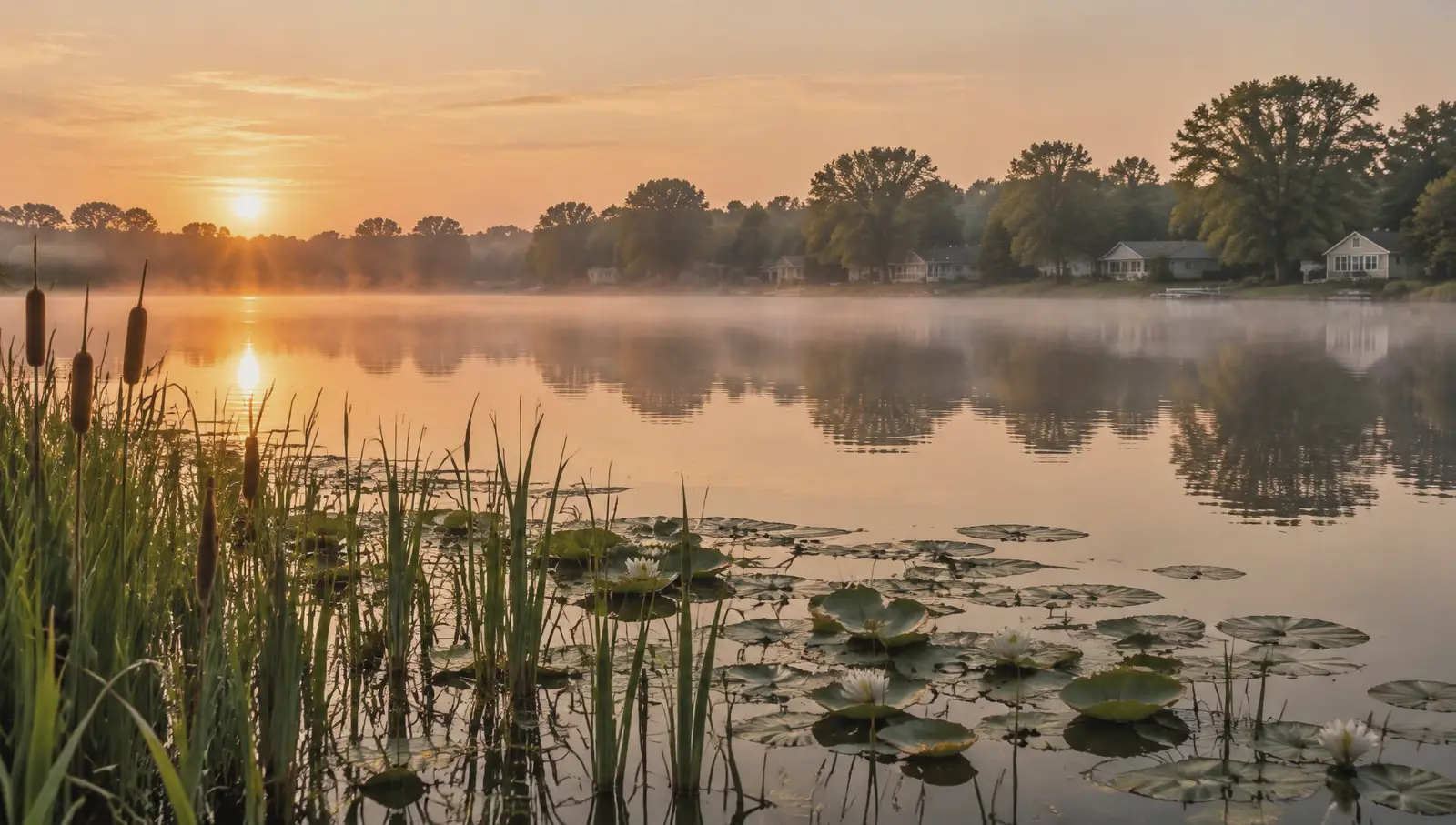 Calm lake water at sunrise with mist
