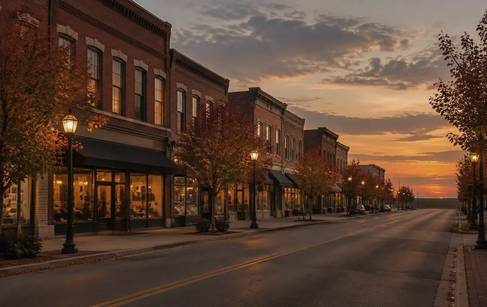 Tree-lined small-town main street at dusk