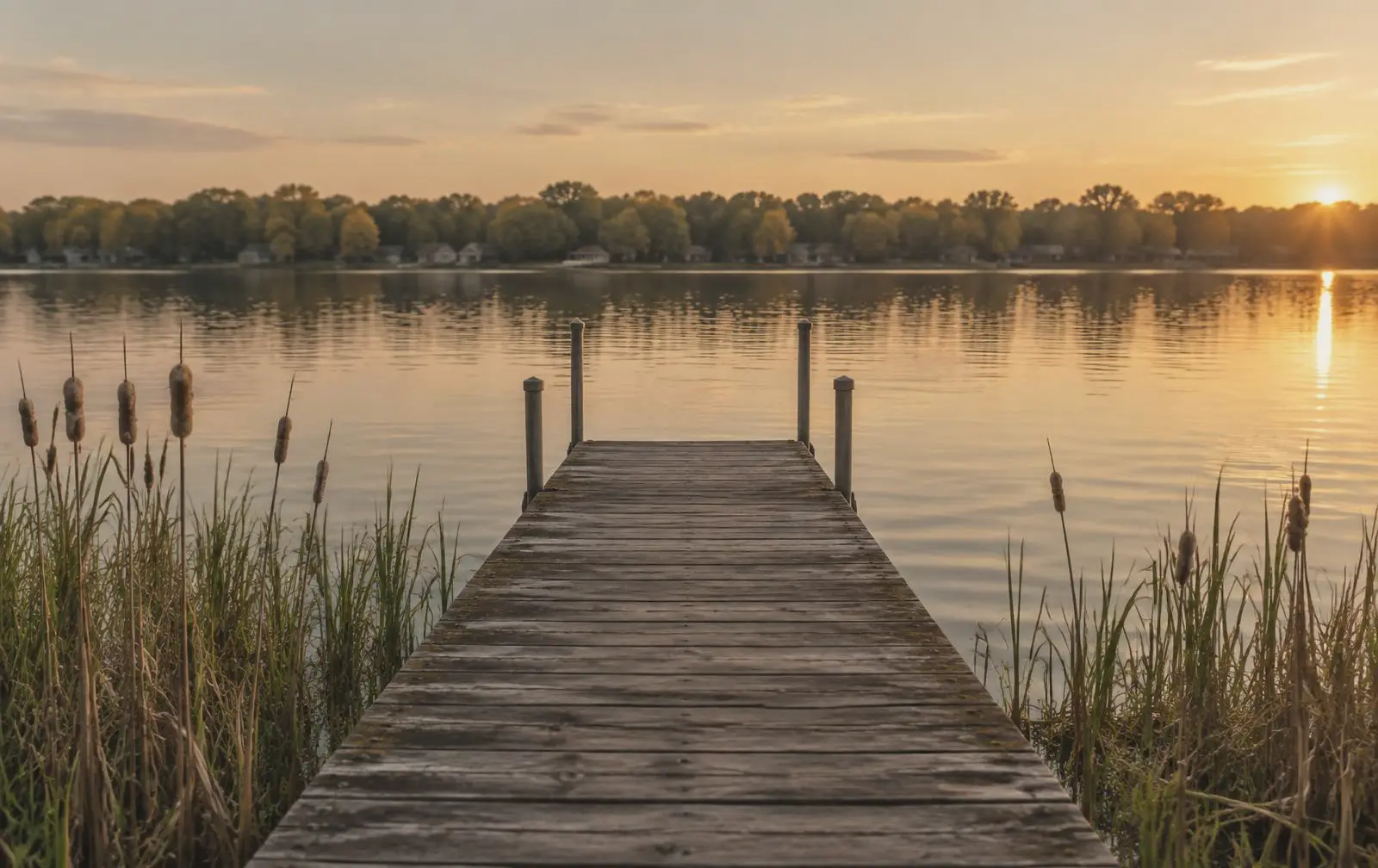 Wooden pier leading into calm water