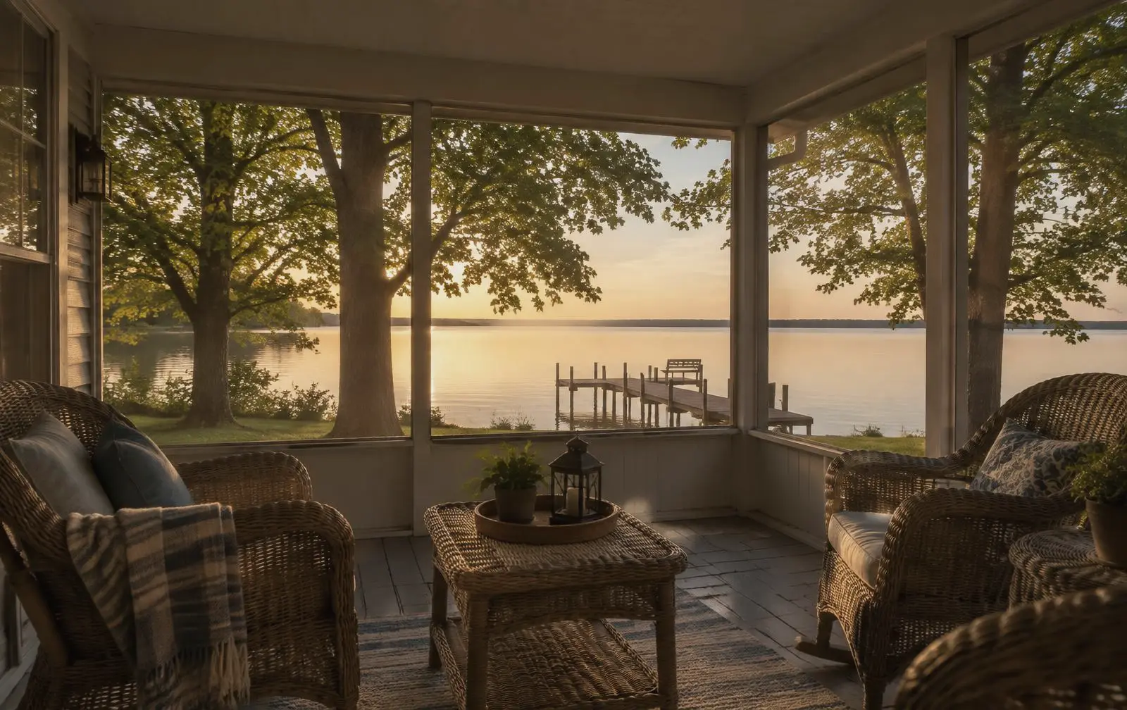 Screened porch with lake light